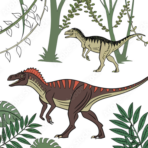 Two cartoon dinosaurs walking in a prehistoric forest with green plants and trees around them