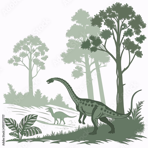 An illustration of a large green dinosaur walking in a prehistoric forest with trees and another dinosaur in the background
