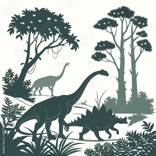 A group of dinosaurs and trees in a prehistoric landscape