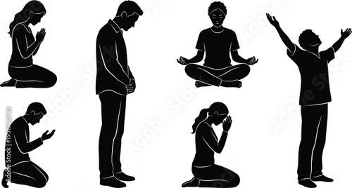 Silhouette figures in prayer, meditation, and reflection poses representing spirituality, mindfulness, devotion, and peaceful contemplation practices