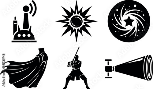 Collection of mysterious and fantasy icons including magic symbols and superhero elements