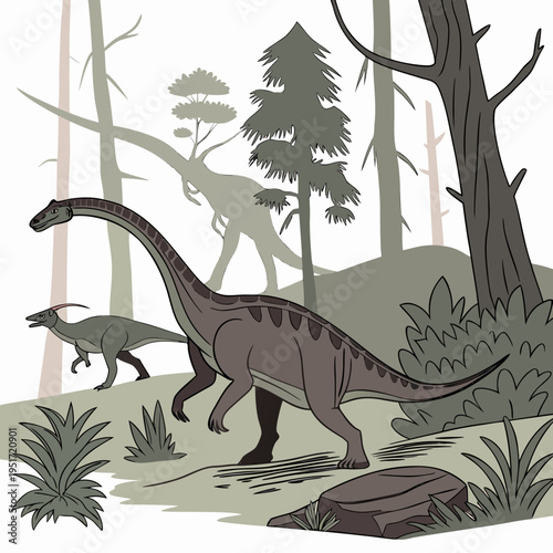 An illustration of two brown dinosaurs walking through a forest with trees and plants