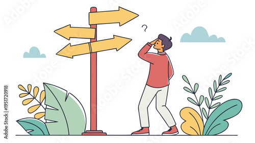 Youth life choices - Young male standing in front of directional sign wondering about life paths. Choose, pick a path and the way forward concept. Vector illustration .vector
