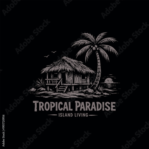 Tropical island with palm tree silhouette vector