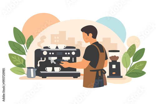 Barista making coffee with espresso machine and grinder.