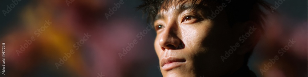 Fototapeta premium Asian male young adult profile portrait with soft warm light and contemplative expression, visible skin detail and cinematic mood