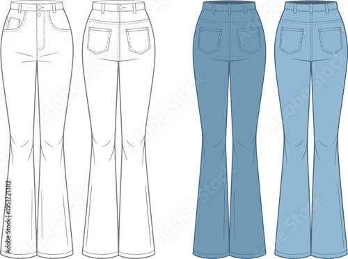 Women flared jeans technical fashion flat front and back high waist denim pants vector illustration