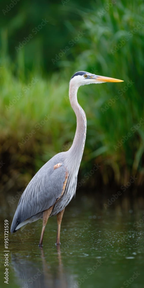 Fototapeta premium Great blue heron wading in green marsh shallow water longneck wetland bird closeup portrait showing detailed plumage and attentive gaze