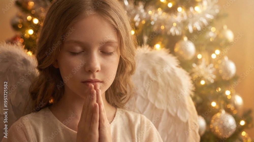 Naklejka premium Young girl dressed as angel praying with hands folded in front of illuminated Christmas tree. Spiritual child in costume for nativity play. Concept of religious faith, hope and belief.