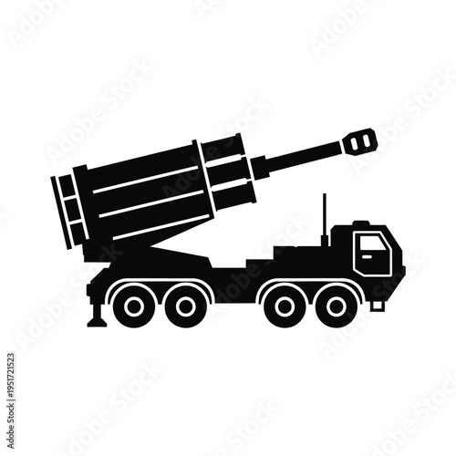 Military mobile artillery truck with elevated launcher, black silhouette icon isolated on white