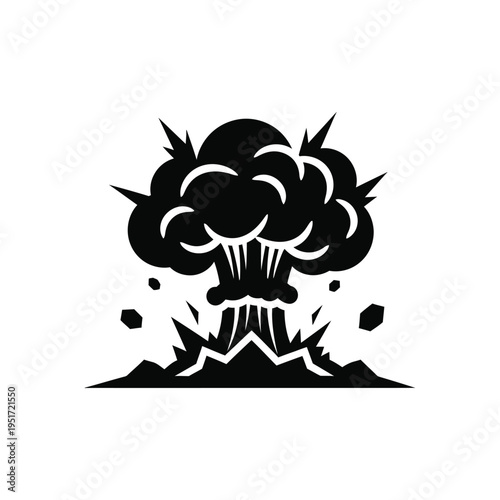Explosion Mushroom Cloud Silhouette Icon, Powerful Blast Detonation with Flying Debris Graphic