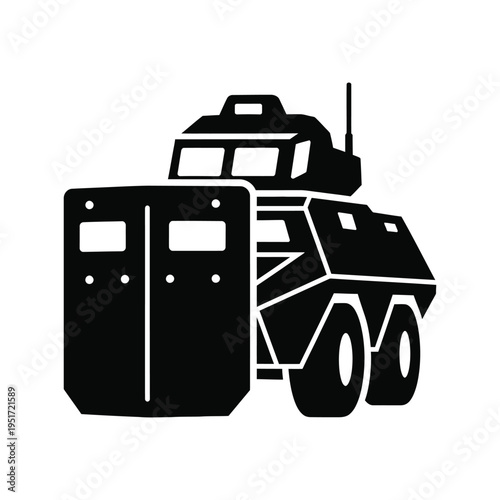Armored riot control vehicle icon with front shield for law enforcement and security operations, black silhouette vector illustration