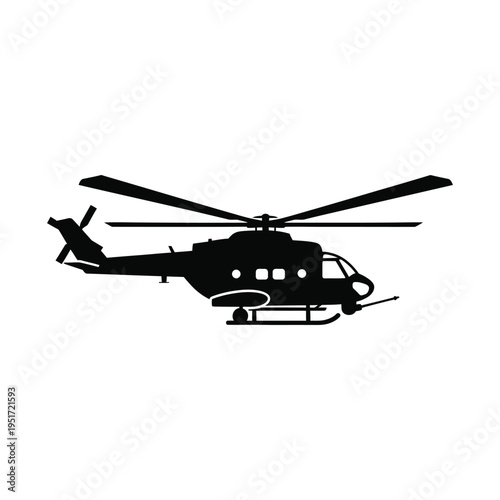 Helicopter silhouette side view isolated on white background black vector icon