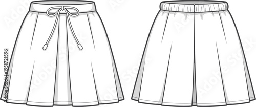 Women drawstring waist skirt technical fashion sketch front and back view vector outline clothing design template