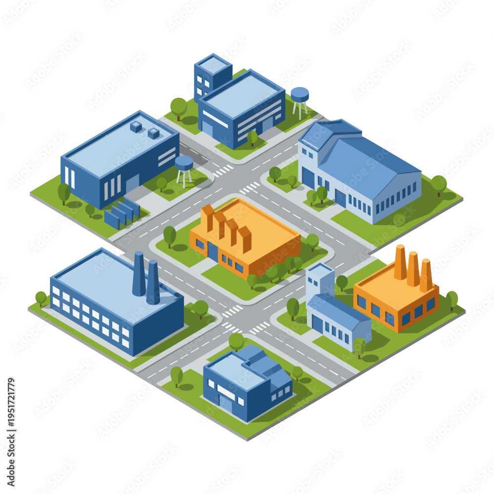 Fototapeta premium Isometric illustration of a modern industrial park with various factory buildings and warehouses connected by roads.