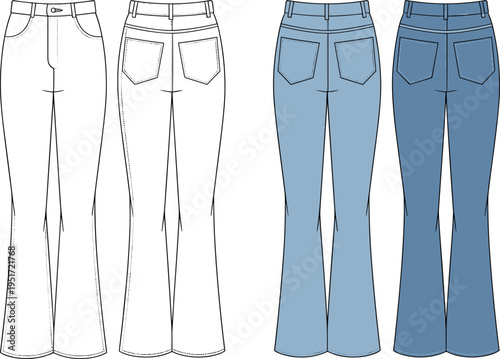Women flared jeans technical fashion flat front and back classic denim pants vector illustration