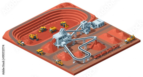 Isometric View of an Open-Pit Mining Operation with Heavy Machinery.