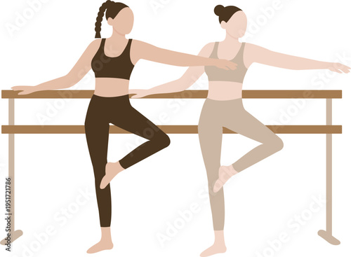 Two Women Practicing Barre Workout Minimal Flat Vector Illustration