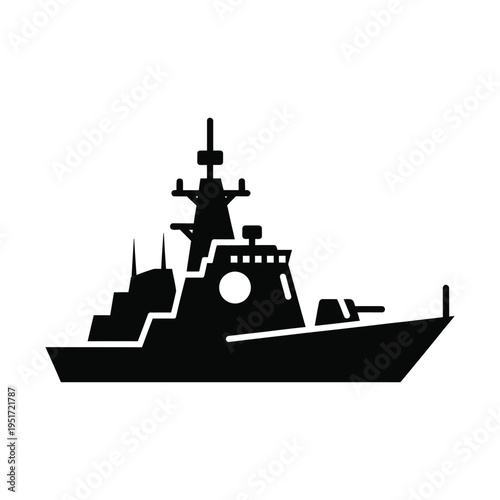 Warship silhouette icon in minimalist black vector style for naval and military design