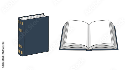Classic hardback book and an open book with blank pages side by side representing reading, literature, education, and knowledge sharing.