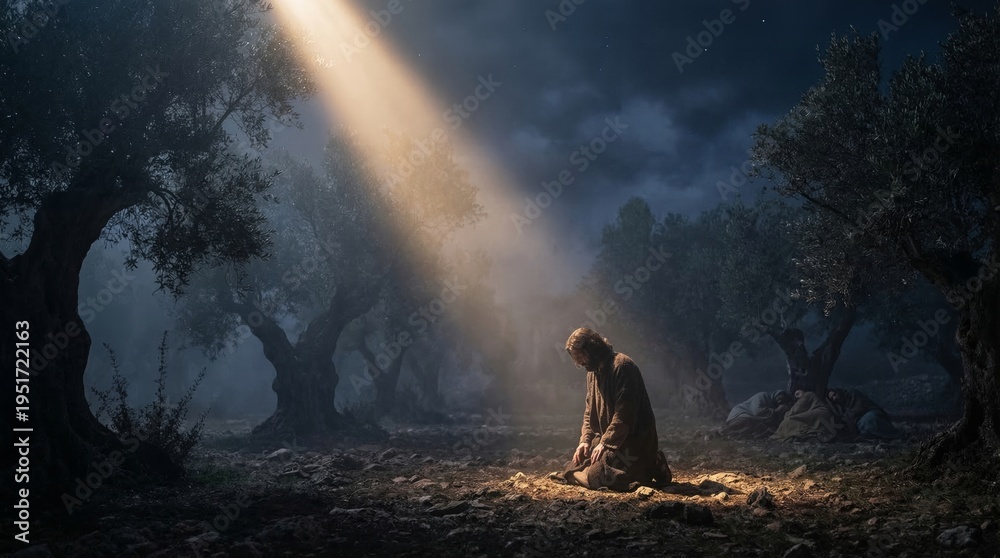 Fototapeta premium Jesus Christ kneeling and praying in olive garden at night. Biblical scene of Gethsemane. Divine light shining down from heaven upon savior. Christian faith, holy spirituality concept.