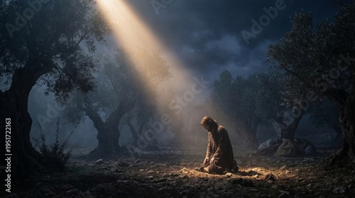 Jesus Christ kneeling and praying in olive garden at night. Biblical scene of Gethsemane. Divine light shining down from heaven upon savior. Christian faith, holy spirituality concept.
