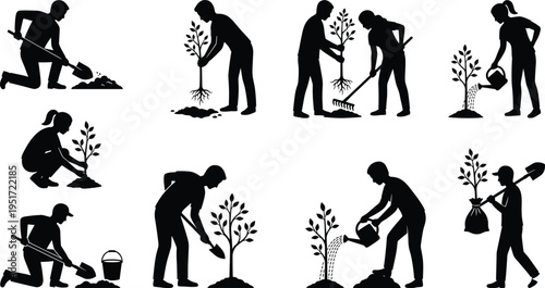 Silhouette illustrations of people planting trees, watering saplings, and performing eco-friendly gardening activities for environmental care