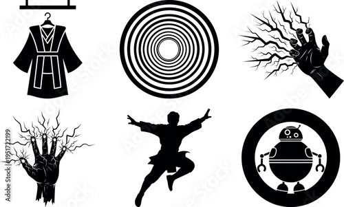 Mystical and futuristic icon set with martial arts and robot elements