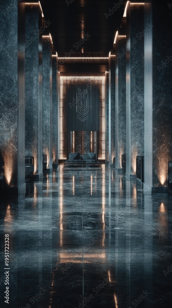 Obraz premium Luxurious modern hall with marble floor reflecting lights creating a sophisticated and upscale ambiance