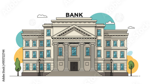 Exterior view of a grand classical bank building featuring tall columns and a pediment set against a simple blue sky with colorful abstract shapes.