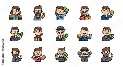 Finance Character Set Money Concept Cartoon Vector Illustrations Isolated on White Background