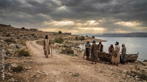 Jesus Christ walking toward fishermen at the Sea of Galilee. Biblical scene depicting the calling of disciples by the water. Traditional ancient religious landscape at sunset, faith concept.