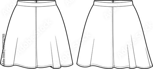 Women flared skirt technical fashion sketch front and back view vector outline clothing design template