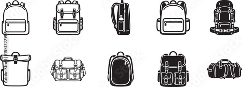 Schoolbag icon set with backpack styles, education symbols, and modern student accessory designs.