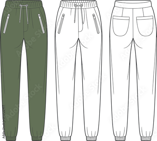 Women jogger pants technical fashion flat front and back with zipper pockets vector illustration