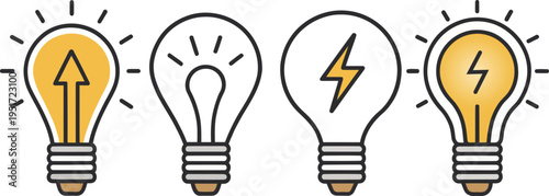 A creative illustration of four light bulbs with different symbols on a white background
