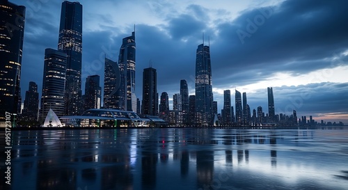 Wallpaper Mural A futuristic cityscape at dusk with skyscrapers reflecting off the water Torontodigital.ca