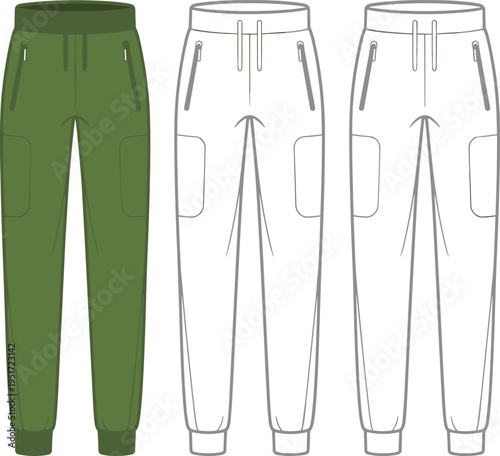 Women jogger pants technical fashion flat with drawstring waist and zipper pockets vector illustration