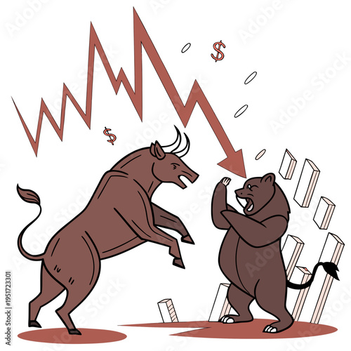 Bull and bear in conflict with falling market graph