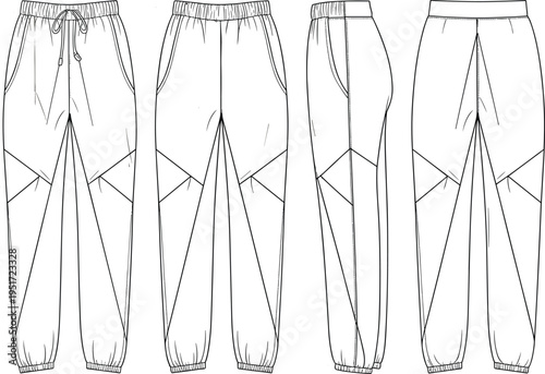 Women jogger pants technical fashion sketch multiple views vector outline sportswear clothing design template illustration