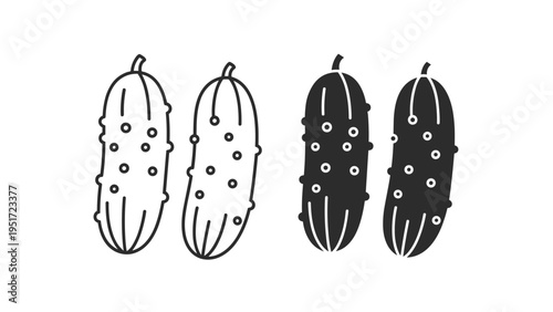 Set of four pickle icons in both outline and solid black styles showing bumpy cucumbers for food packaging or menu designs.