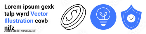Technology, security, innovation, cryptocurrency, finance, digital protection. a coin, light bulb and shield icons. Cryptocurrency and security highlighted in modern design