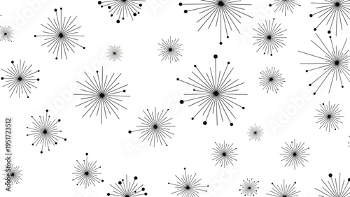 Minimalist seamless pattern of black starburst or firework shapes of varying sizes scattered across a clean white background in retro style.
