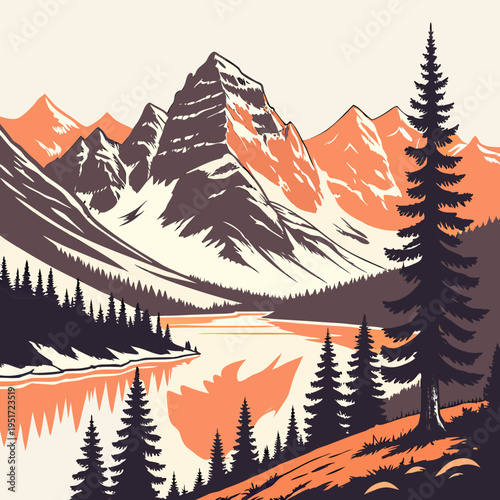 Mountain Landscape with Pine Trees and River nature