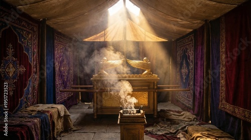 Ark of the covenant inside the tabernacle. Golden chest with cherubim wings. Biblical artifact in holy tent with incense smoke. Ancient religious relic, divine light and spirituality.