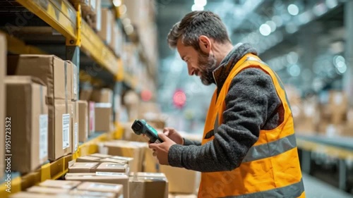Video of a man in a warehouse scanning a box with a barcode reader