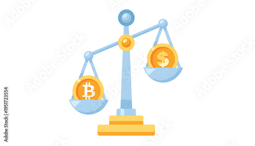 Balance scale with Bitcoin and dollar coins, representing cryptocurrency versus fiat currency comparison