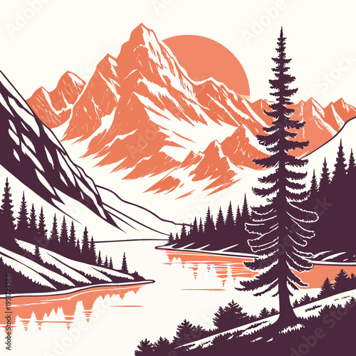 Sunset Mountain Landscape with Lake and Trees nature