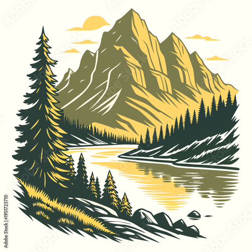 Mountain Landscape with Pine Trees and Lake nature