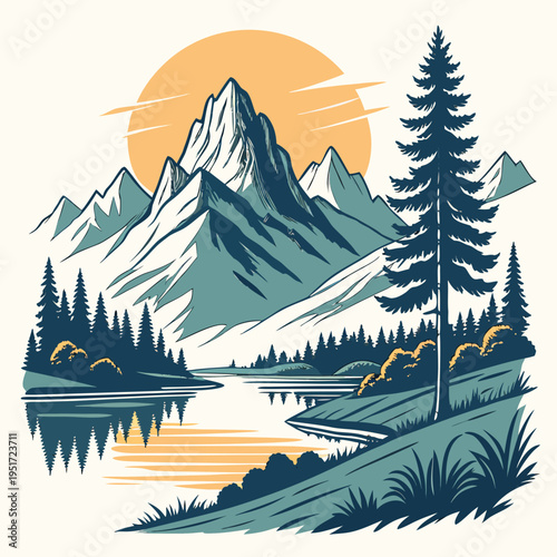 Mountain Landscape with Pine Trees and Lake nature